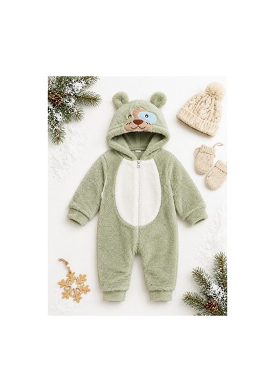 Kız Erkek Bebek Welsoft Peluş Tulum Kapüşonlu Fermuarlı Kışlık Bebek Tulumu Köpek Figürlü Yumuşak Polar Tulum Yeşil