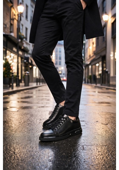 Muggo Hudson Hakiki Deri Erkek Kalın Taban Bağcıklı Günlük Casual Sneaker Siyah
