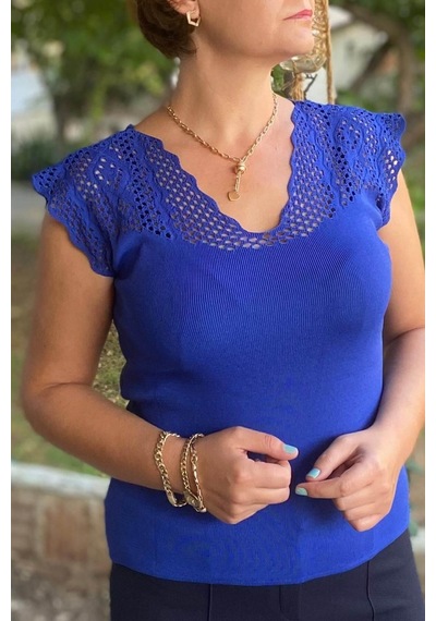 Mia Butik Kadın Saks Mavi Sıfır Kol Ajurlu Triko Bluz-1268 Saks Mavi