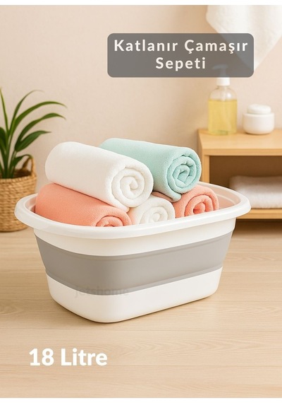 18 Litre Katlanır Silikon Çamaşır Sepeti Akordiyon Tasarım, Pratik Ve Yer Tasarruflu Beyaz Gri