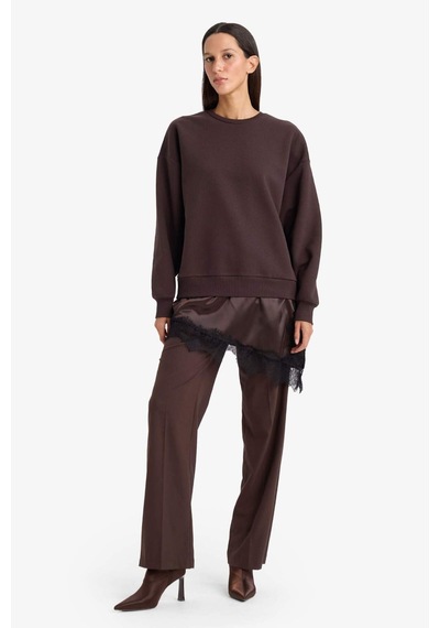 Defacto Relax Fit Bisiklet Yaka Etek Ucu Dantel Detaylı Sweatshirt G8595ax25cwbn130 Kahve-bn130