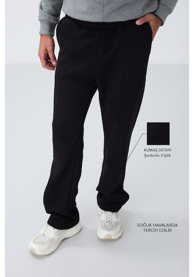 Tommy Life Siyah Pamuklu Kalın İçi Tüylü Yumuşak Dokulu Oversize Nakışlı Erkek Eşofman Altı -82146 Siyah