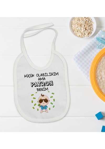 BK Kids Patron Benim Tasarımlı Beyaz Bebek Mama Önlüğü-1 Beyaz