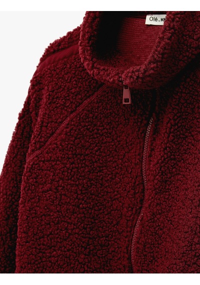 Koton Uzun Kollu Dik Yaka Cep Detaylı Fermuarlı Oversize Peluş Ceket Bordo 6wmg60028ık