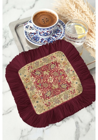 Saray İhtişamlı Saçaklı Sunum Peçetesi - Vintage Çiçek Motifli Bohem Bordo Bardak Altlığı Mendil Orman Beyaz