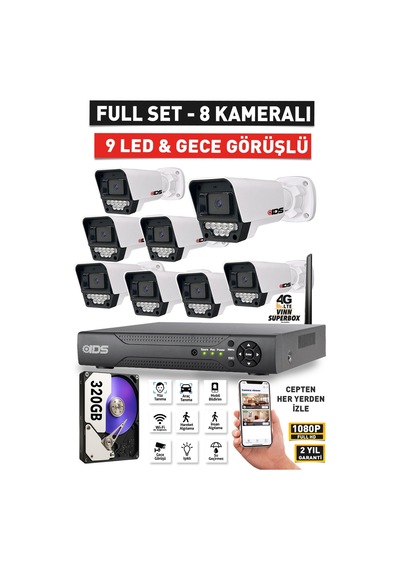 8 Kameralı 5mp Lensli 1080p Fullhd - Gece Görüşlü 9 Led Güvenlik Kamerası Seti - 320gb