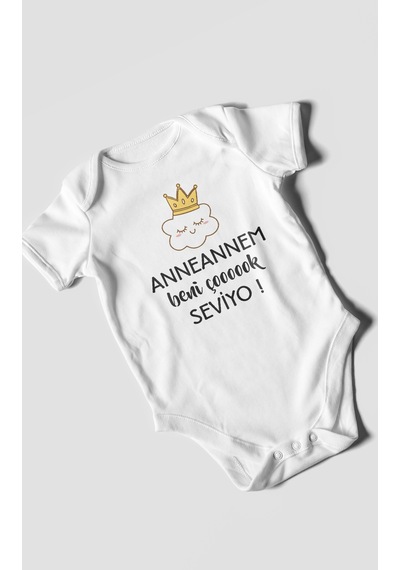 Anneannem Beni Çok Seviyo Baskılı Bebek Zıbını Çıtçıtlı Body %100 Pamuk Kısa Kol Beyaz