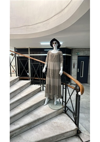 Eren Style İtalyan Sunshine İpek Detaylı Dantelli Elbise-9033 Vizon