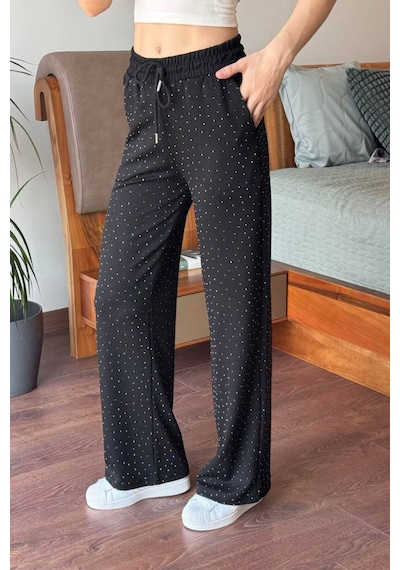Pera Aksesuar Geniş Paça Siyah Beli Lastikli Taşlı Pantolon Siyah Siyah