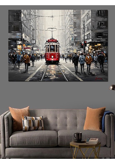 Kırmızı Tramvay Ve Siyah Beyaz Şehir Dekoratif Kanvas - Mdf Ahşap Tablo