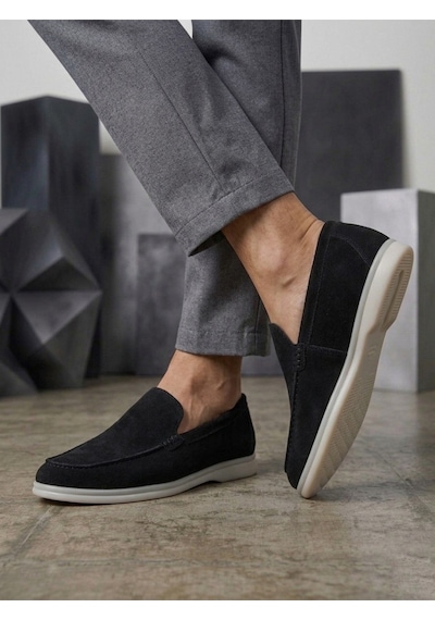 DMR Elegance Ba0252 %100 İçi Dışı Hakiki Deri Erkek Siyah Süet Casual Loafer Termo Taban Ayakkabı Rekli