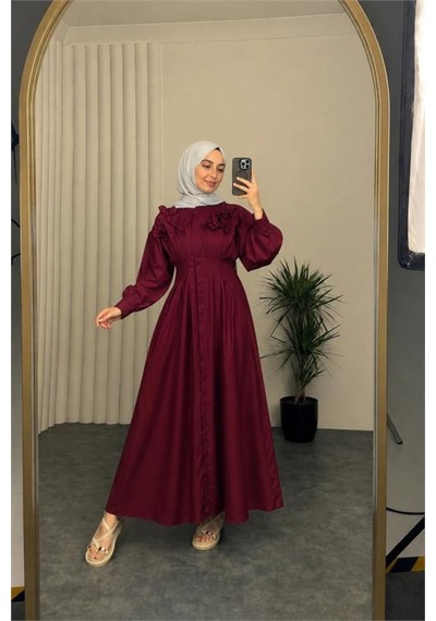 Neşeli Butik Kadın Bordo Belden Oturtmalı Çiçek Detaylı Premium Tesettür Elbise Nbvq4933