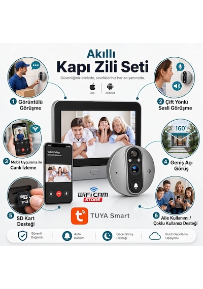 Wificam Tuya Smart Ekranlı Akıllı Kapı Dürbün Kamerası