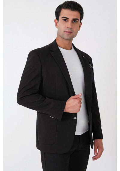 Comfort Fit Çift Yırtmaç Torba Cep Metal Düğmeli Siyah-1 Blazer Ceket C 734 Siyah -1