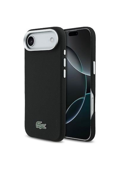 Apple iPhone 17 Air Kılıf Lacoste Lisanslı M-safe Uyumlu Pvc Pike Desenli İkonik Timsah Logolu Kapak Siyah