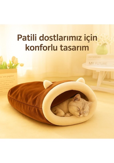 Ayrex Kedi Mağarası 45 50 Cm Yumuşak Peluş Kedi Uyku Tüneli, Kapalı Güvenli Kedi Yatağı, Yıkanabilir, Sı