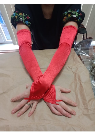 Saten Likralı Dans & Opera Eldiveni - 58 Cm Kırmızı
