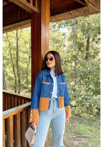 Kadın Mavi & Turuncu Denim Kontrast Çift Renk Detay, Ön Düğmeli Manşetli, Kot Ceket Turuncu