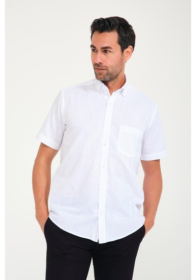 Klasik Kısa Kol Linen Keten Yaka Düğmeli Hediye Kutulu Erkek Gömlek Fs-001202 - Beyaz Lacivert-1695
