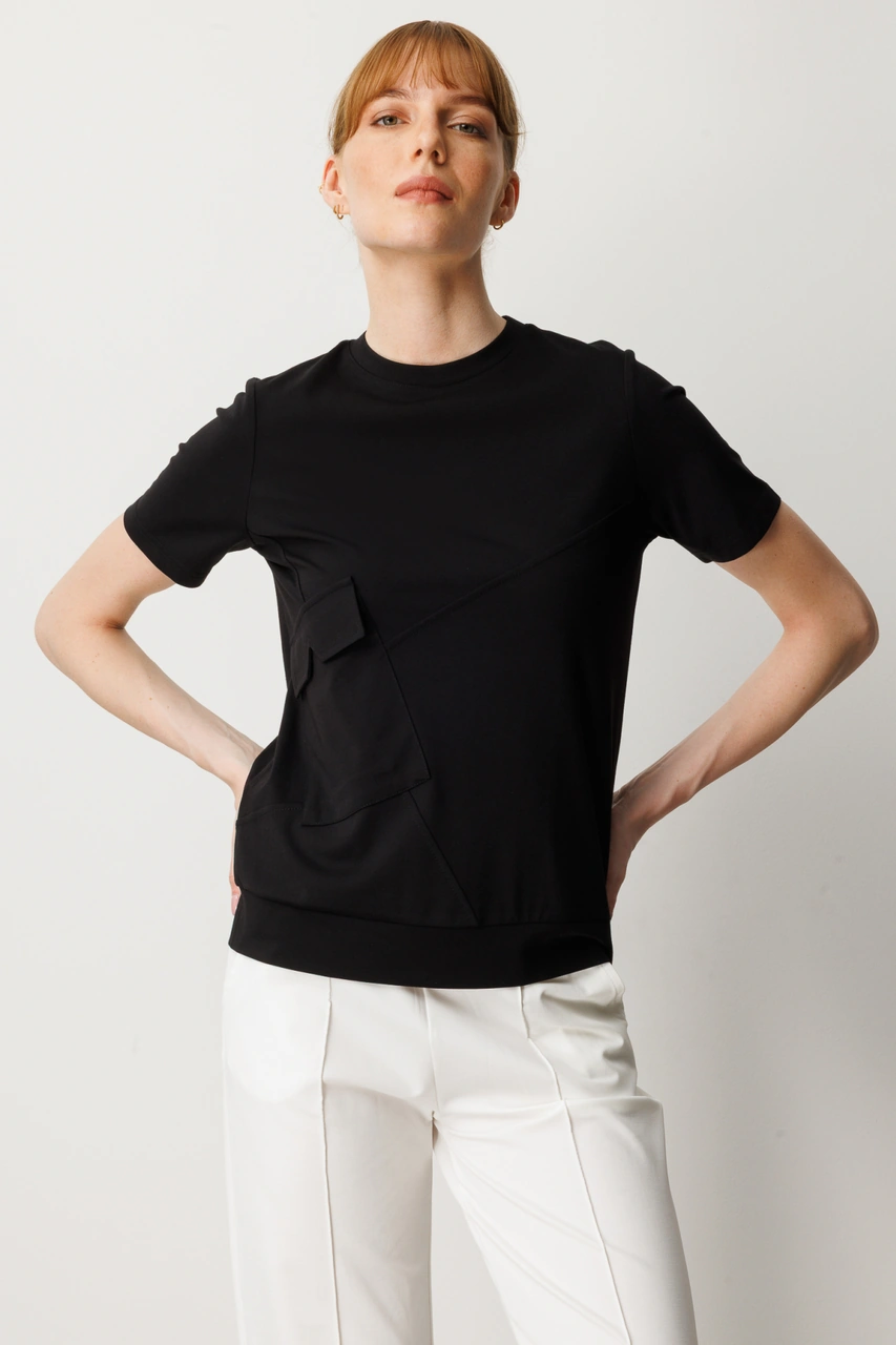 On Kadın Sıfır Yaka Cepli T-shirt 61340 Siyah SIYAH
