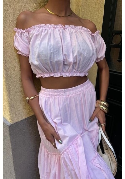 Amorluxe Büzgülü Crop Kat Detaylı Fırfır Etekli Takım 10196 Pembe