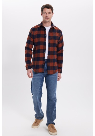 Tudors Erkek Slim Fit Dar Kesim Kareli Kışlık Oduncu Gömlek-42205 Kiremit