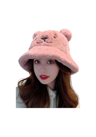 Uniquetrenders Kadın Sevimli Ayı Kulak Peluş Bucket Şapka Pudra