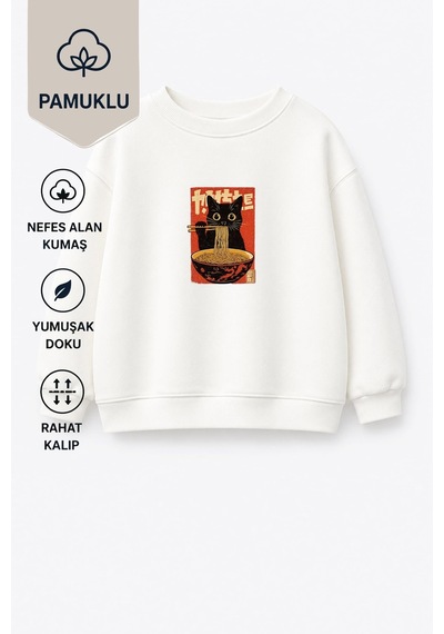 Monila Unisex Çocuk Beyaz Kedi Baskılı Pamuklu Sweatshirt Ekru