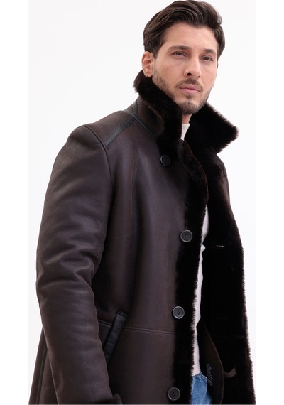 M M Marki Marki Hakiki Deri Erkek Kaban Kahverengi İçi Kürklü Düğmeli Premium 85 Cm - 500522
