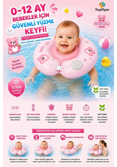 Bebek Boyun Simidi Pompa Gerektirmeyen 0-12 Ay Yüzme Simidi, Çift Tokalı Emniyet Kilitli Nr005