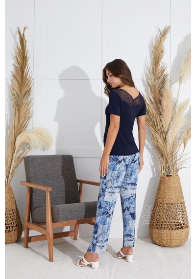 Sevim Kadın Dantelli Kısa Kol Lacivert Pijama Takım C1t5n551 001