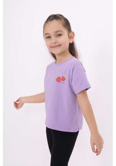 Toontoy Kids Toontoy Kız Çocuk Yakası Çilek Baskılı Tişört Lila