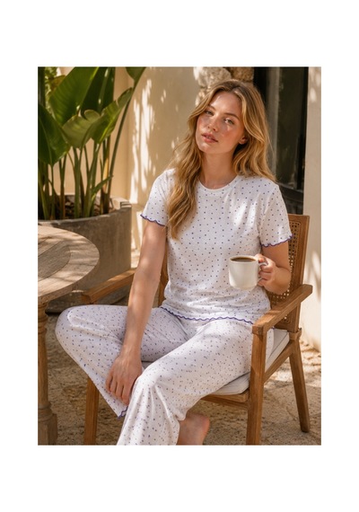 Rindahomewear Kadın Alaçatı Kumaş Yıldız Desenli Kısa Kollu Yazlık Pijama Takımı Moryıldız