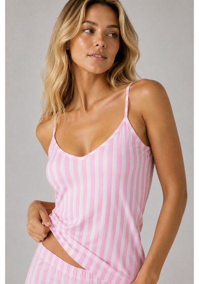 Pijamask Kadın Pembe Beyaz Çizgili Askılı Pijama Takımı Pamuklu Yazlık Ev Giyim Beyaz