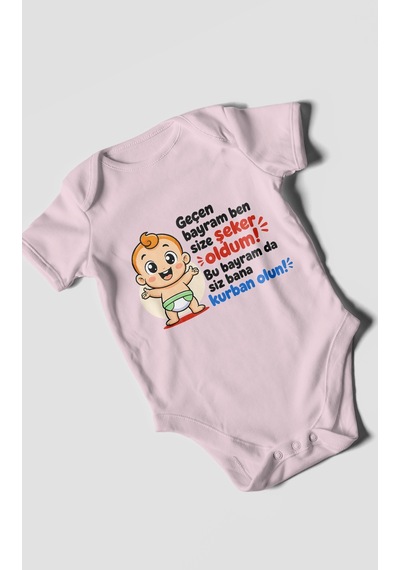 Morivokids Geçen Bayram Ben Yazılı Kısa Kollu Bebek Body %100 Pamuk Bebe Pembe