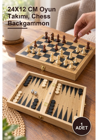 1 Adet Ahşap Satranç Ve Tavla Seti 24x12 Cm Oyun Takımı, Chess Backgammon