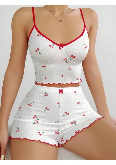 Motto10 Butik Kadın Vişne Desenli Dantel Askılı Şortlu Pijama Takımı 5193 Beyaz