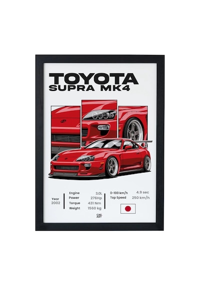 Supra Mk4 Çerçeveli Poster Tablo Otomobil Tasarım Baskı Siyah