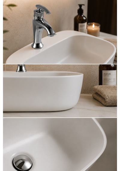 Lena E-2101 Tezgah Üstü Porselen Lavabo Dikdörtgen Beyaz Tezgah Üstü Lavabo