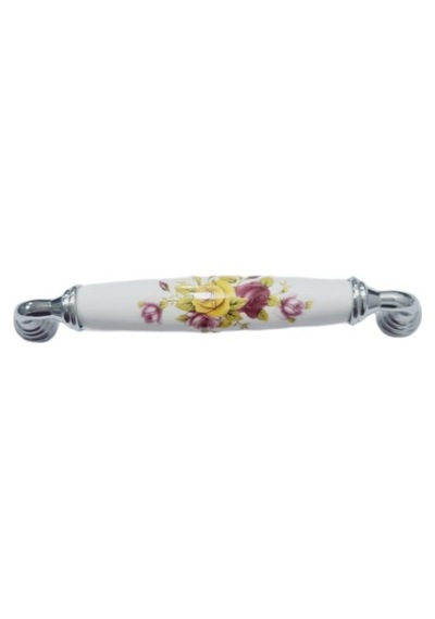 Beyaz Porselen Kulp Krom Ayak Sarı Çiçekli 128 Mm / 5 Adet Antik