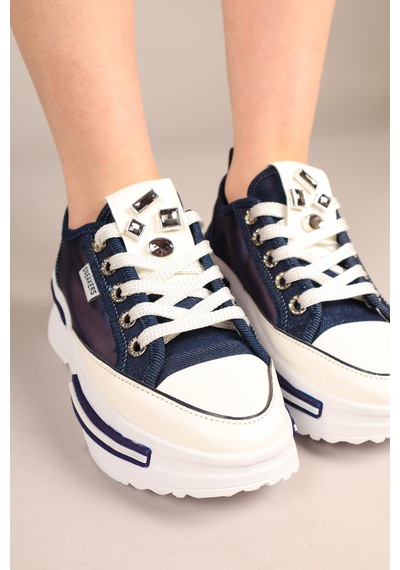 Prens 172 Kadın Fileli Denim Kalın Taban Sneaker Ayakkabı Lacivert