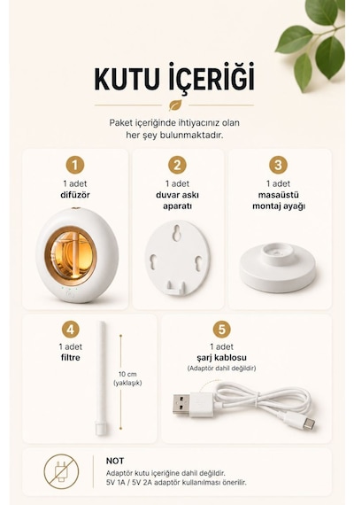 Ultrasonik Hava Nemlendirici Aroma Difüzör 120ml Usb Ve Pilli Çalışan Uygulama Kontrolü Zaman Ayarlı Krem
