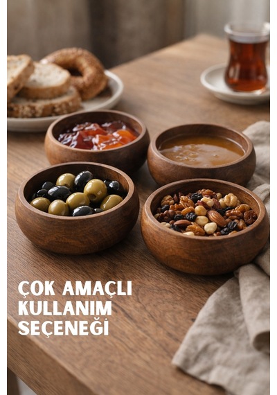 Akasya Model Ahşap Çerezlik 4 Lü Set Kahvaltı & Çerez Sunum Kasesi 9 Cm Kahverengi