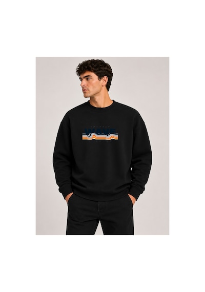 Herkesemoda Wave Baskı Detaylı Bisiklet Yaka Şardonlu 2 İplik Sweatshirt Siyah