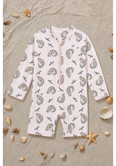 Zuzunga Unicorn Desenli Uzun Kollu Kız Bebek Fermuarlı Deniz Tulumu