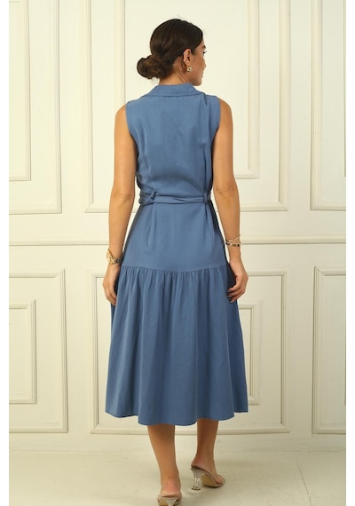 By Saygı Önü Düğmeli Beli Kuşaklı Uzun Elbise-38571-indigo İndigo