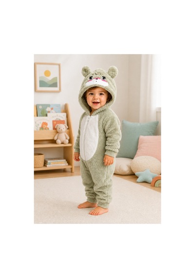 Tatlı Ayıcık Desenli Welsoft Peluş Kapüşonlu Fermuarlı Kışlık Unisex Bebek Tulumu 40197 Yeşil