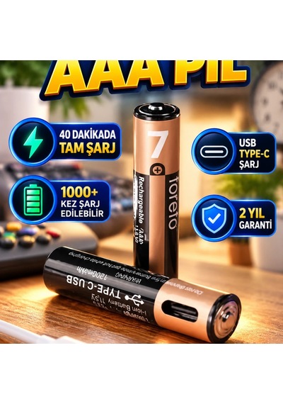 Usb Type-c Şarjlı Aaa Lityum Pil 1.5v 40 Dakikada Hızlı Şarj, Led Göstergeli