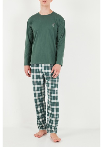 Buratti Ekoseli Pamuklu Bisiklet Yaka Uzun Kollu Pijama Takımı Erkek Pijama Takımı 6575003 Yeşil