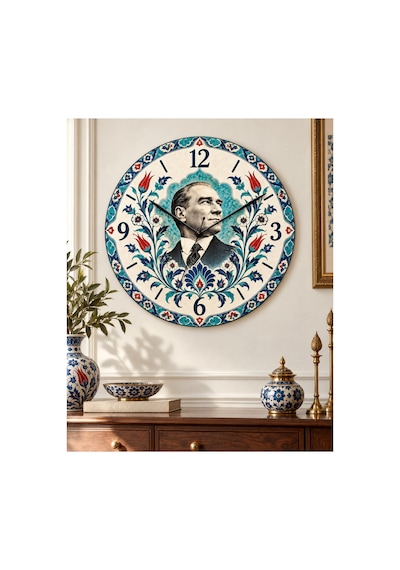Atatürk Temalı 45 Cm Ahşap Sessiz Akar Mekanizmalı Uv Baskılı Dekoratif Duvar Saati Hediyelik 1097 Çok Renkli